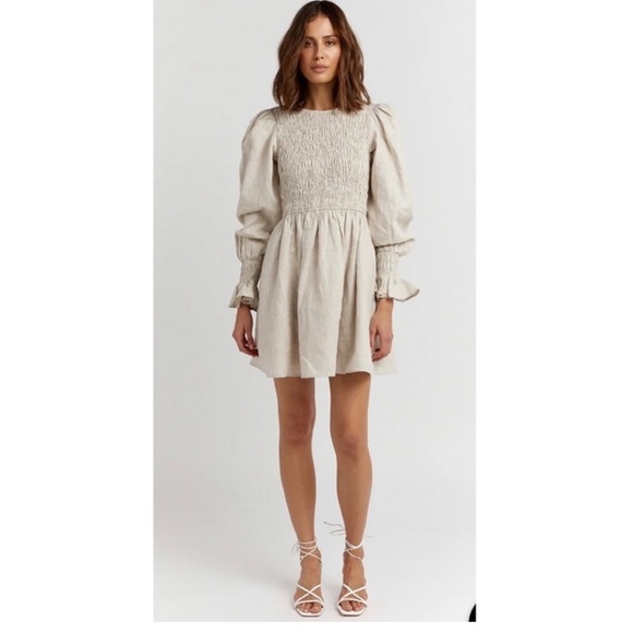 DISSH Dresses & Skirts - Dissh Linen Dress Kennedy Beige Natural Mini Shirred Bodice Long Sleeve